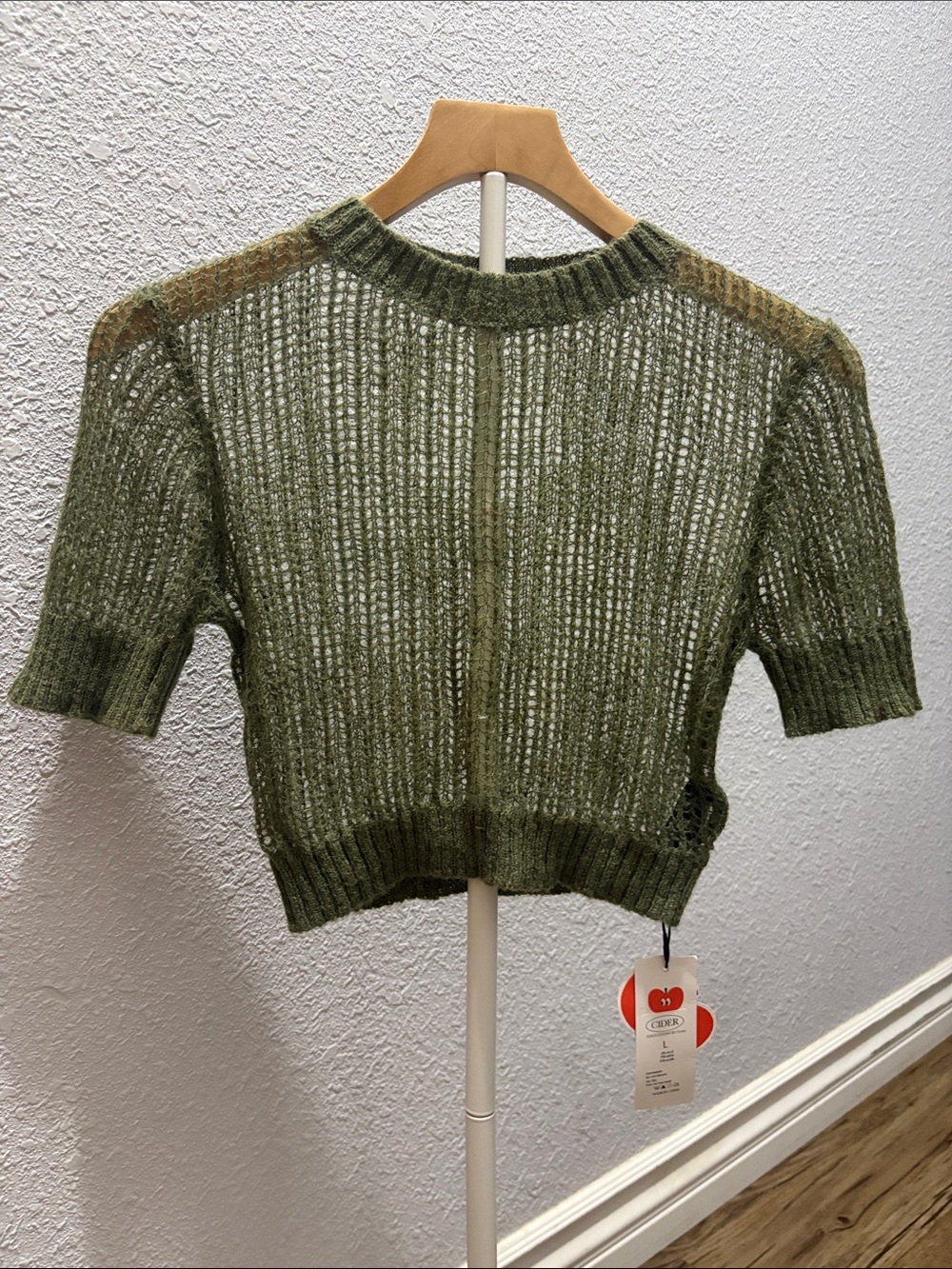Cider Olive Open-Knit Short Sleeve Crop Top